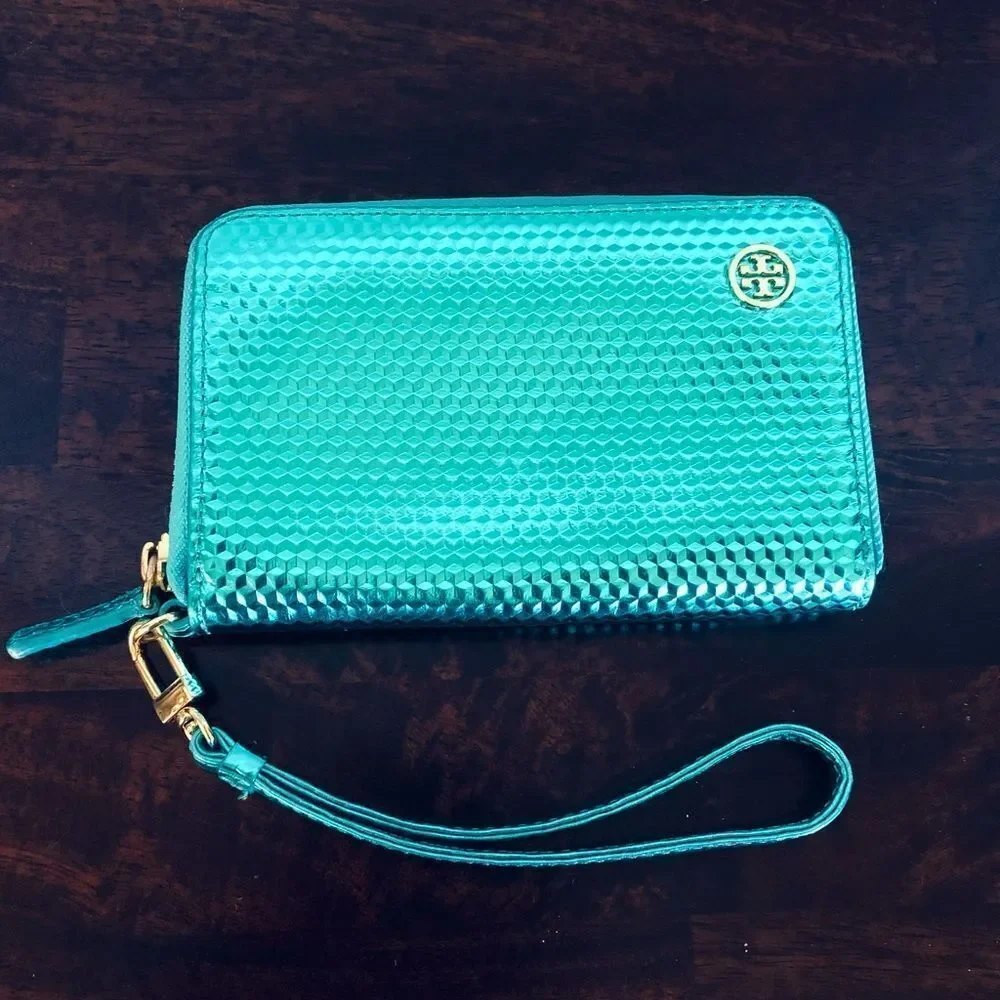 Tory Burch Metallic Blue Wristlet Wallet